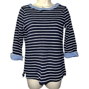 Nautica Striped Boat Neck 3/4 Sleeve Shirt Womens S Blue White Cotton Coastal